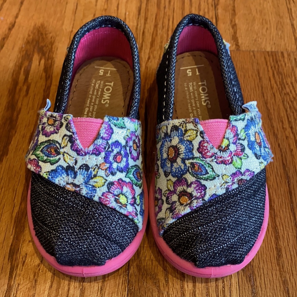 Toms Kids Floral Denim Slip-On Shoes - Pink, Blue, Black